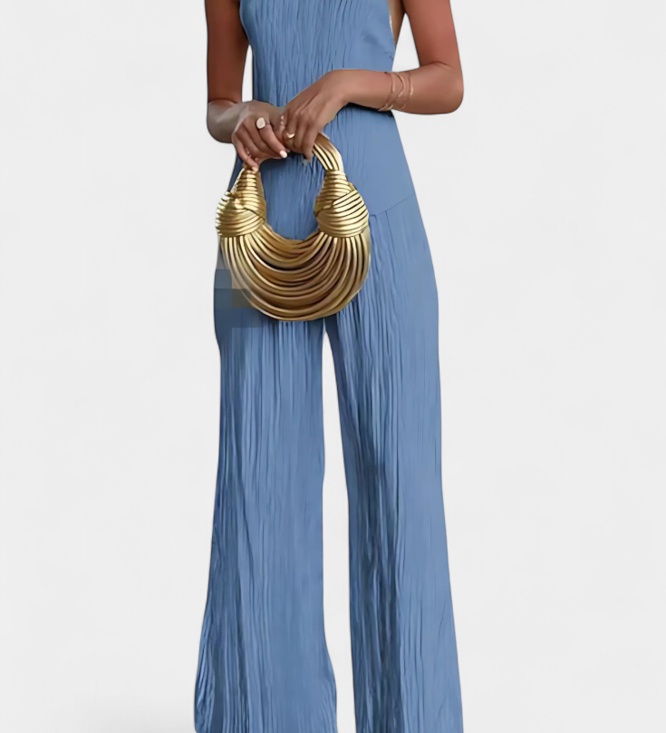 Ensemble Pilarica Plissé avec Top Asymétrique Halter et Pantalon Fluide