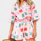 Mariluz Ensemble Chemise et Shorts avec Imprimé Rose