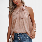 Adela | Top sans Manches en Imprimé Léopard avec Col Montant et Nœud