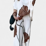 Sybella Ensemble Floral de Deux Pièces avec Épaule Découverte et Pantalon Droit