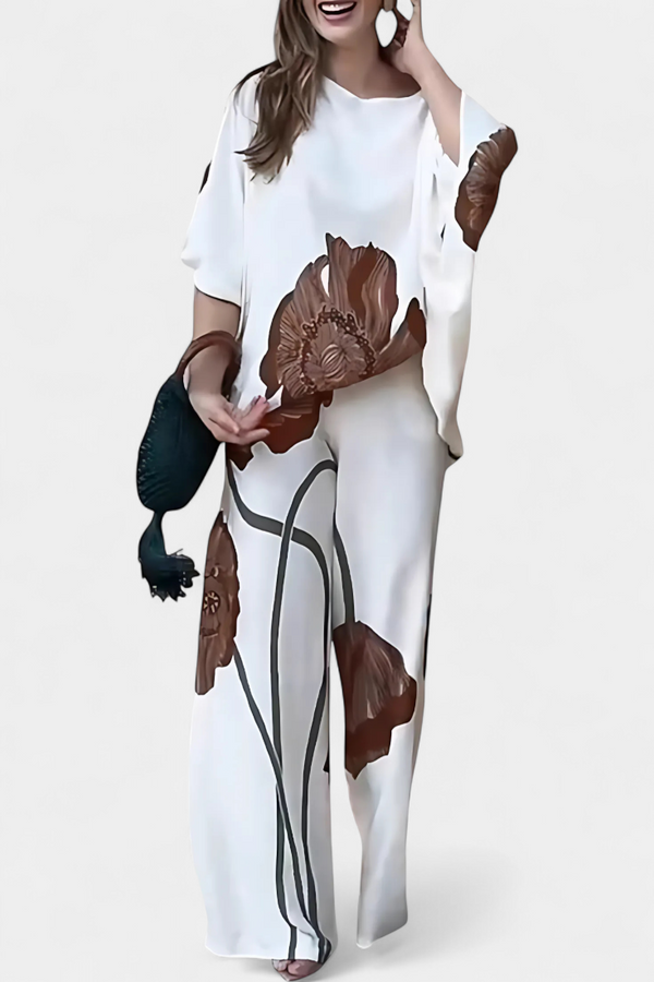 Sybella Ensemble Floral de Deux Pièces avec Épaule Découverte et Pantalon Droit