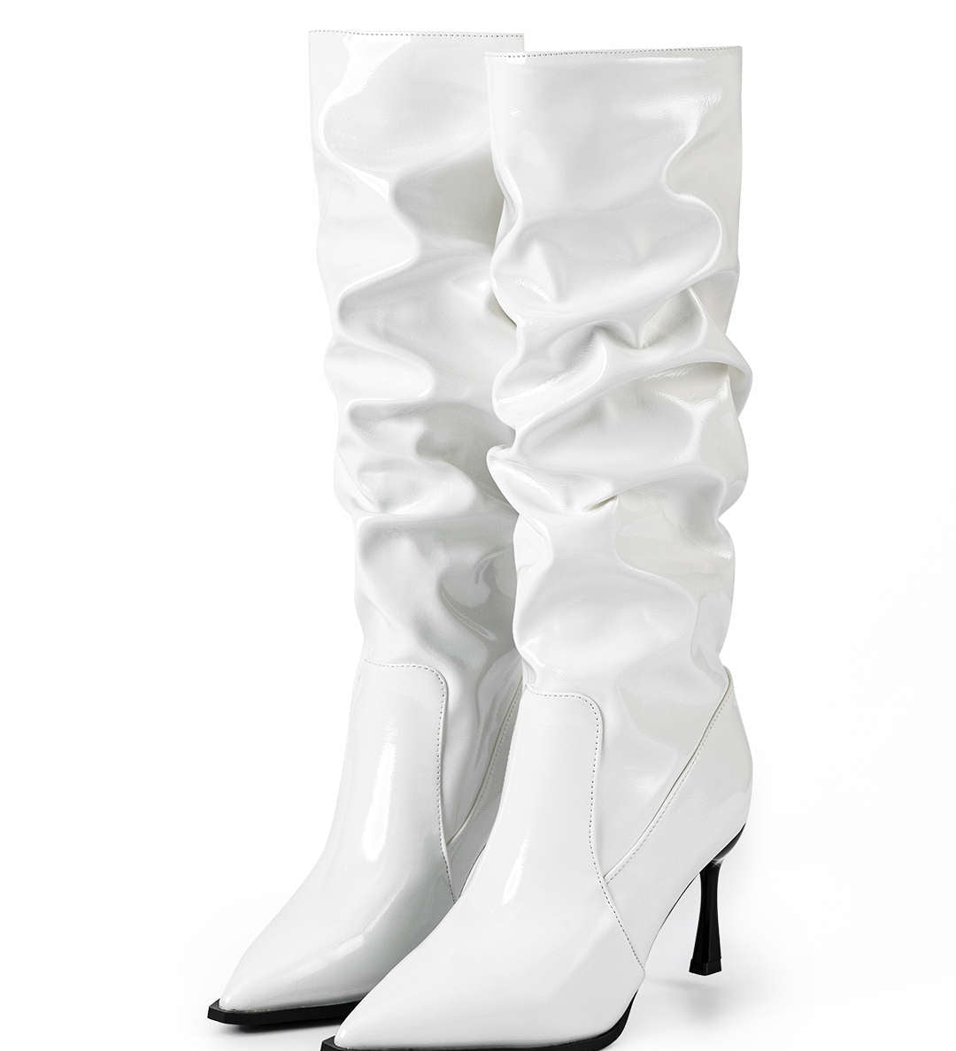 Bottes en Cuir Synthétique avec Plis et Pointe Aiguisée