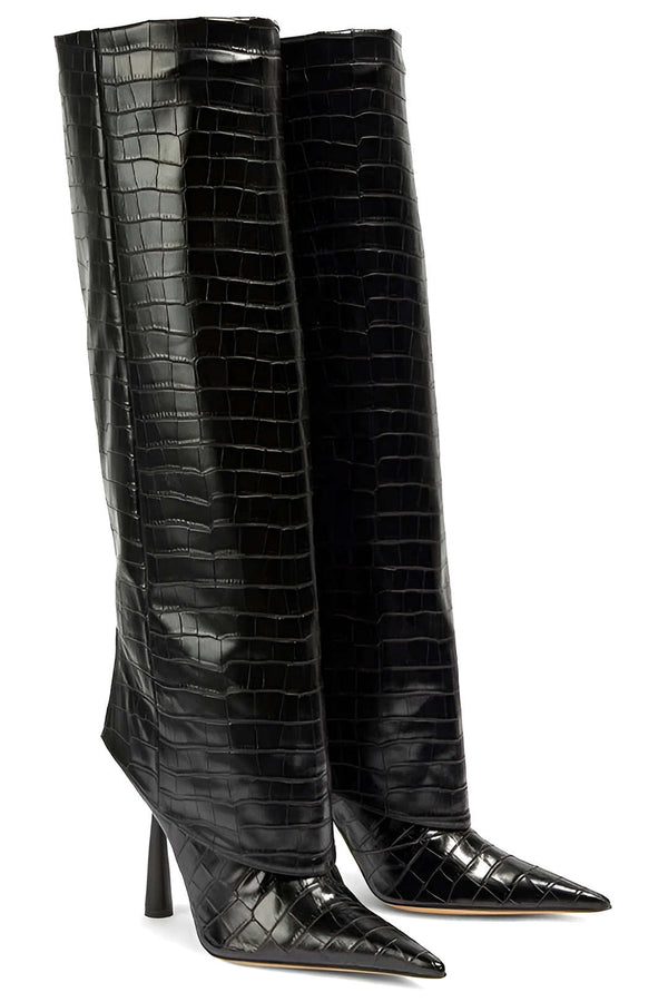 Bottes à Talons Hauts en Cuir Synthétique Crocodile avec Bout Aiguisé