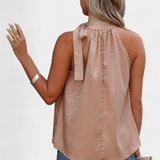 Adela | Top sans Manches en Imprimé Léopard avec Col Montant et Nœud