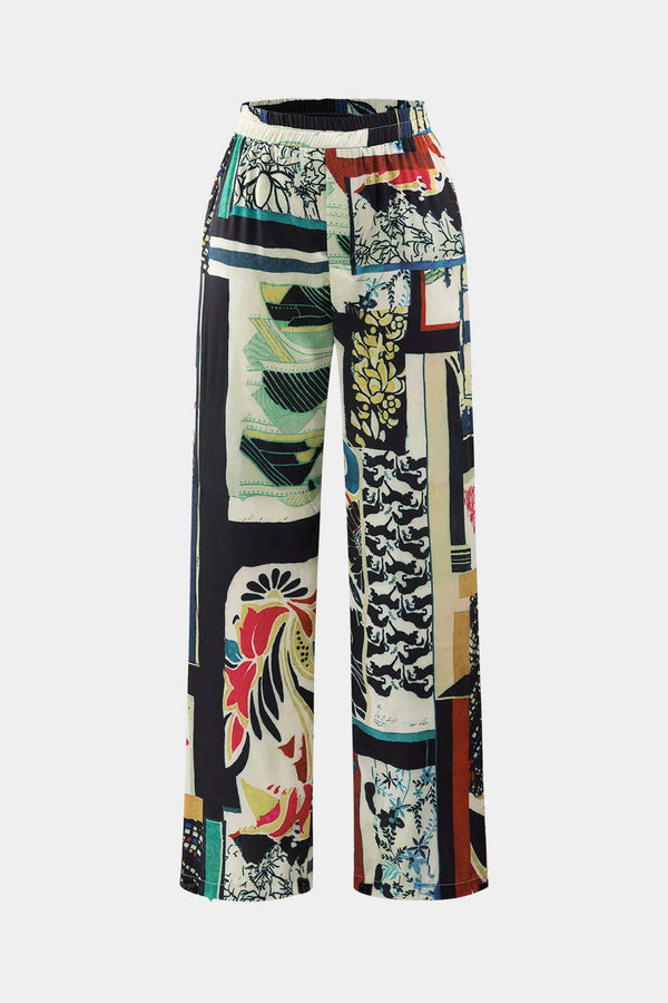 Pantalons Droits Taille Haute avec Imprimé Floral