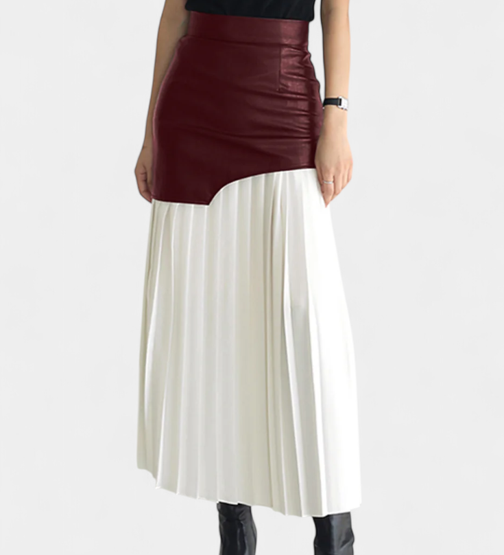 Jupe Maxi Asymétrique en Chiffon et Cuir Synthétique Noelle