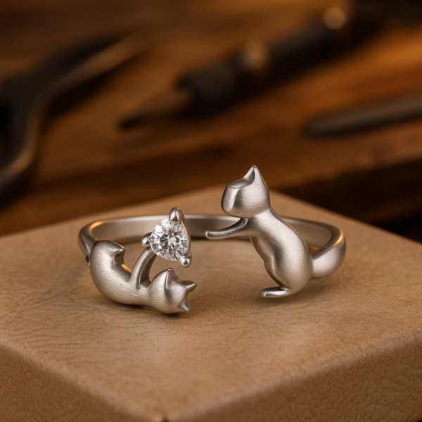 Bague en argent sterling ludique avec chat – ajustable avec zircon