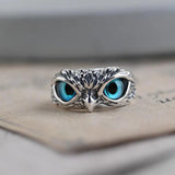 Bague hibou porte-bonheur ajustable en argent avec opale