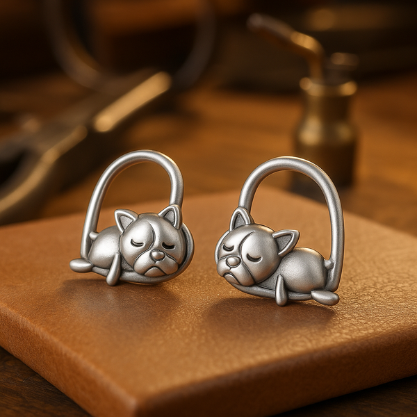 Boucles d'oreilles en argent massif représentant un chiot endormi