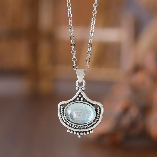 Ensemble Vintage Collier et Boucles d'Oreilles avec des Gemmes Ovales Bleues