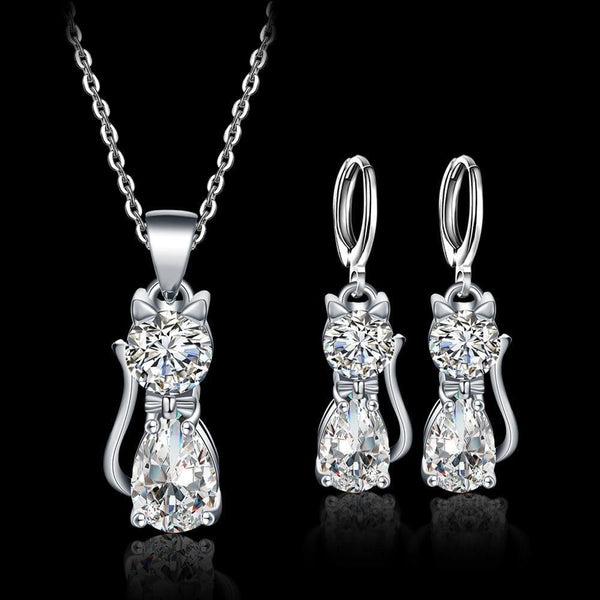 Ensemble collier et boucles d'oreilles – Chats heureux en argent avec zirconium poli