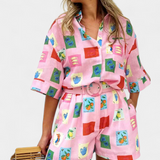 Mariluz Ensemble Chemise et Shorts avec Imprimé Rose