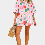 Mariluz Ensemble Chemise et Shorts avec Imprimé Rose