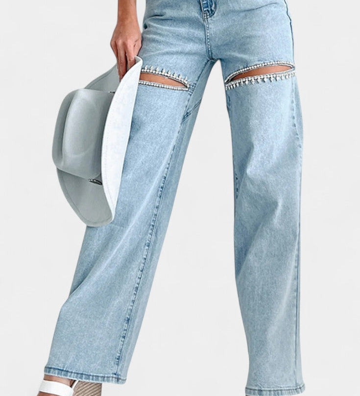 Jeans Evian Ripped Straight-Leg avec Rhinestones