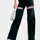 Jeans Evian Ripped Straight-Leg avec Rhinestones