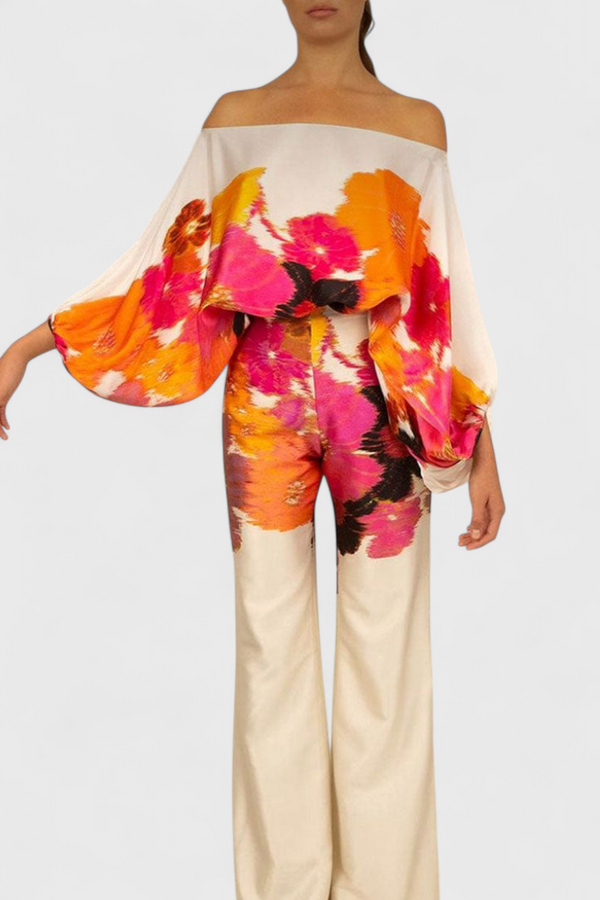 Sybella Ensemble de Deux Pièces avec Épaules Dégagées et Pantalons Amples Imprimés