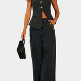 Ludovica Ensemble en Denim avec Gilet Ajusté et Jeans à Jambes Larges