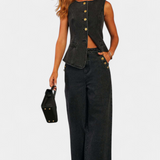 Ludovica Ensemble en Denim avec Gilet Ajusté et Jeans à Jambes Larges