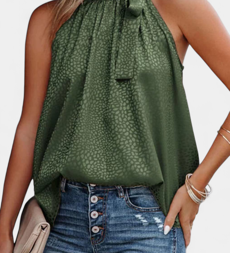 Adela | Top sans Manches en Imprimé Léopard avec Col Montant et Nœud