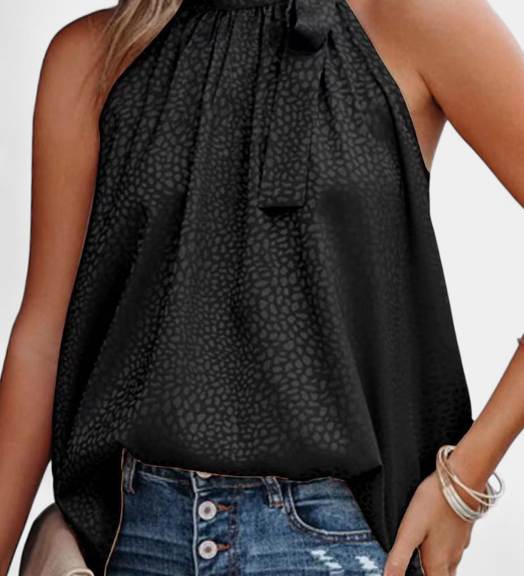 Adela | Top sans Manches en Imprimé Léopard avec Col Montant et Nœud