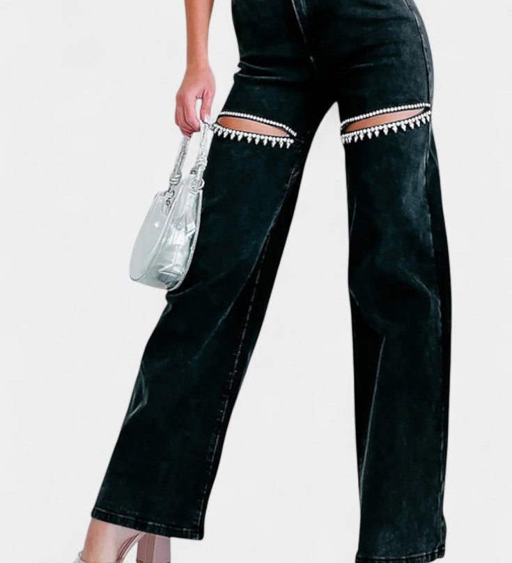Jeans Evian Ripped Straight-Leg avec Rhinestones