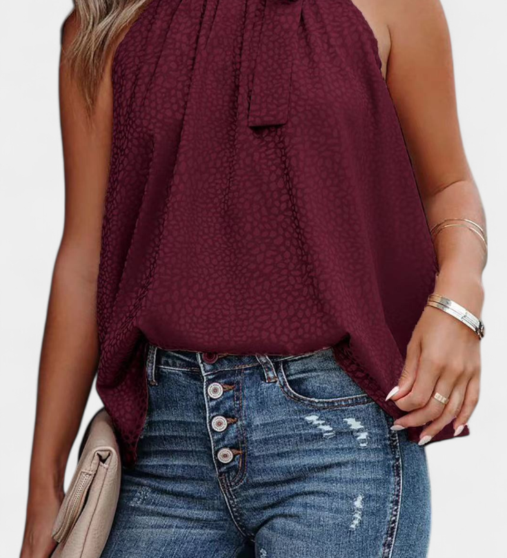 Adela | Top sans Manches en Imprimé Léopard avec Col Montant et Nœud