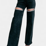 Jeans Evian Ripped Straight-Leg avec Rhinestones