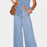 Ludovica Ensemble en Denim avec Gilet Ajusté et Jeans à Jambes Larges