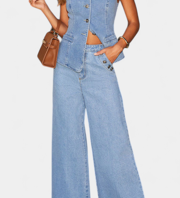 Ludovica Ensemble en Denim avec Gilet Ajusté et Jeans à Jambes Larges