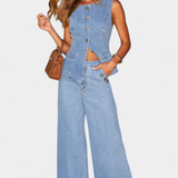 Ludovica Ensemble en Denim avec Gilet Ajusté et Jeans à Jambes Larges