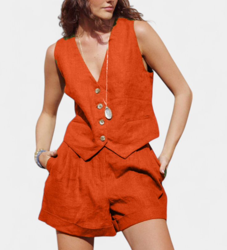 Jennifer Ensemble Gilet et Shorts en Lin Coton