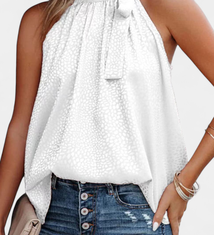 Adela | Top sans Manches en Imprimé Léopard avec Col Montant et Nœud