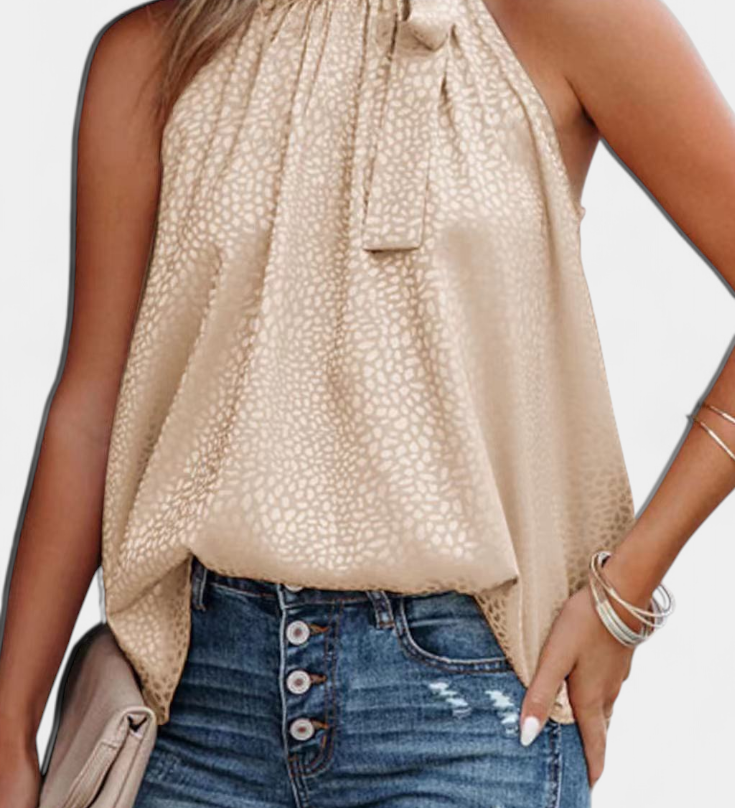 Adela | Top sans Manches en Imprimé Léopard avec Col Montant et Nœud