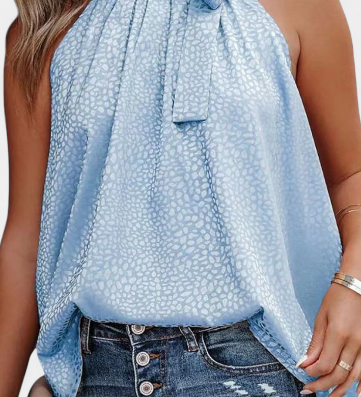 Adela | Top sans Manches en Imprimé Léopard avec Col Montant et Nœud