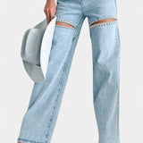 Jeans Evian Ripped Straight-Leg avec Rhinestones
