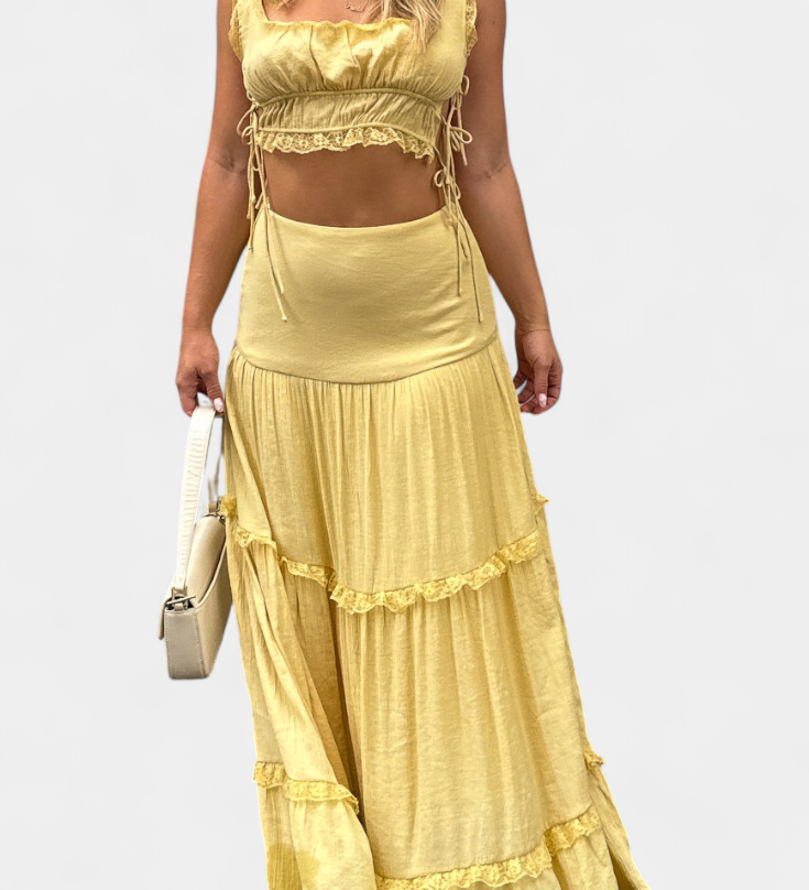 Ilys Ensemble Romantique de Top en Dentelle et Jupe Longue Volumineuse