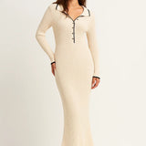 Robe Femme | Robe Tricotée à Col Contrasté | Élégante et Confortable