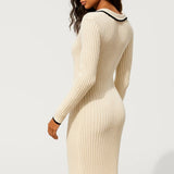 Robe Femme | Robe Tricotée à Col Contrasté | Élégante et Confortable