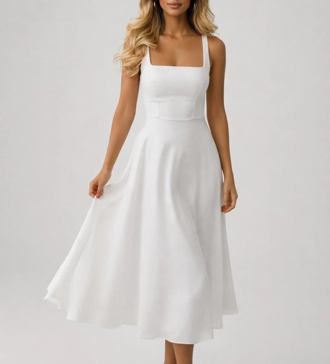 Robe midi Femme | chic & élégante | col carré structuré pour Printemps