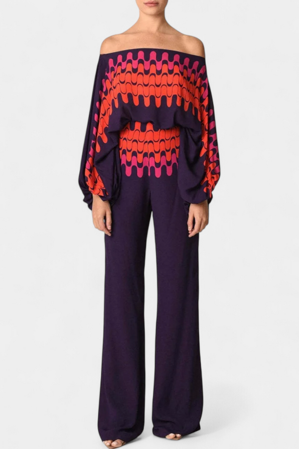 Sybella Ensemble de Deux Pièces avec Épaules Dégagées et Pantalons Amples Imprimés