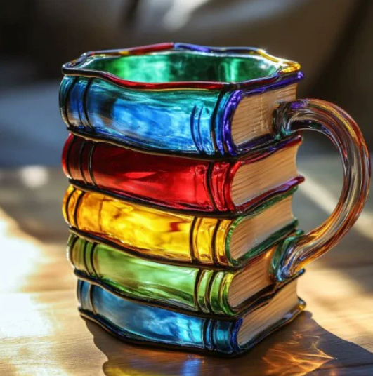 Tasse artistique 3D colorée avec motif de livres