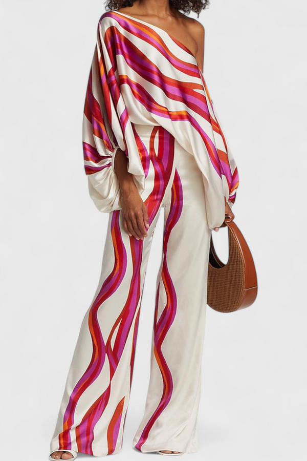 Sybella Ensemble de Deux Pièces avec Épaules Dénudées et Pantalons Amples Imprimés