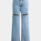 Jeans Evian Ripped Straight-Leg avec Rhinestones