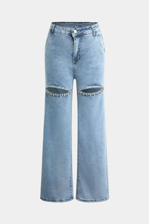 Jeans Evian Ripped Straight-Leg avec Rhinestones