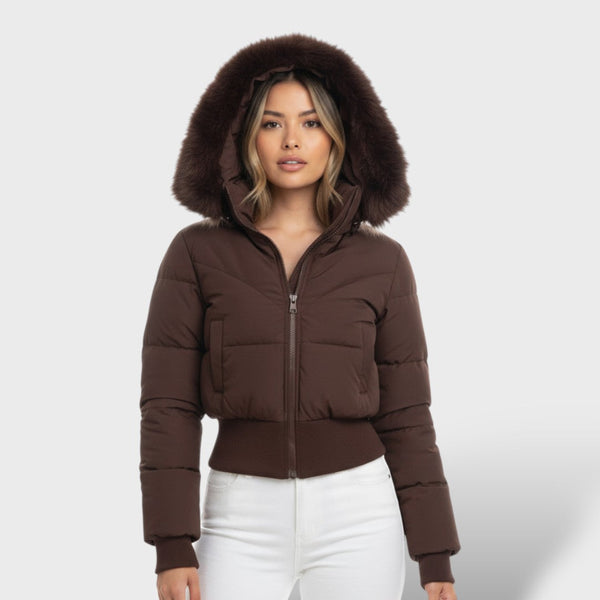 Veste courte avec capuche et fausse fourrure