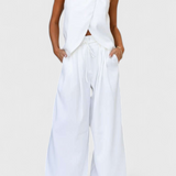 Ensemble Bernadina en Lin avec Top à Ouverture Frontal et Pantalon à Jambes Amples