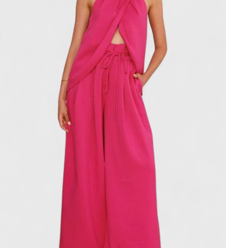 Ensemble Bernadina en Lin avec Top à Ouverture Frontal et Pantalon à Jambes Amples