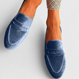 Mocassins Llnica en Velours Bleu avec Détail Patchwork et Bout Rond