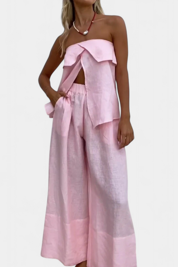 Oriana Ensemble Sans Bretelles avec Jupe à Fente en Couleur Unie