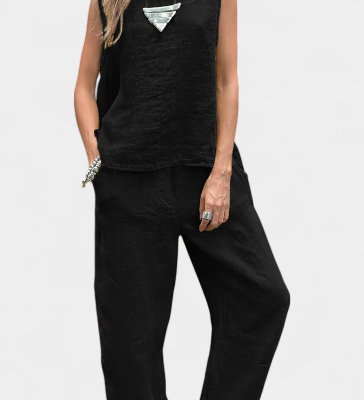 Leona Ensemble de Gilet et Pantalon Sans Manches en Coton Lin
